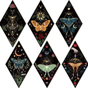 6 Pieces Butterfly Wall Art Gothic Boho Sun Moon Phases Wall Hanging Wooden Mini